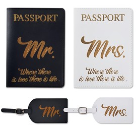 His and Hers Giftable Travel Pack | 2 x Passport Covers and 2 x Luggage Tags | Designed Especially for Couples Travel Lovers | Suitable Wedding Gift | Cute and Thoughtful | PU leather Black and White