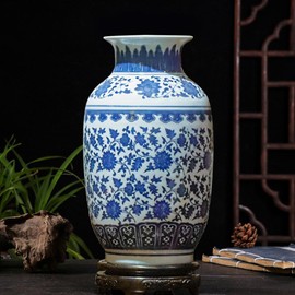 Blue and White Vase, Beautiful Chinoiserie Vase, Large Ginger Jar Porcelain, Chinoiserie Decor for Home, Living Room, Kitchen,Table, 10.8“H