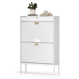 XIAO WEI Shoe Cabinet, Shoe Storage Organizer Cabinet with 2 Flip Half Moon Line Doors, Freestanding Shoe Rack with Adjustable Shelf for Entryway（White