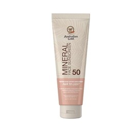 Australian Gold Protector solar facial mineral tintado SPF 50, justo a la luz, 2.5 onzas líquidas, amplio espectro, crema BB no grasa con luz azul y protección solar, 4% óxido de zinc y dióxido de titanio, hipoalergénico