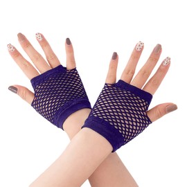 HD Novelty Fingerless Fishnet Gloves Diva Women Black 80s Retro Vintage Nylon Stretchy Mesh Gloves for Kids Girls Dance Disco Costume Parties Supplies Accessories (Purple)