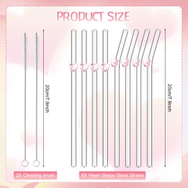 8 Pcs Reusable Glass Straws Shatter Resistant Straws with Design Colorful Cute 8'' Bend Drinking Glass Straws for Cocktail with 2 Cleaning Brushes (Heart)