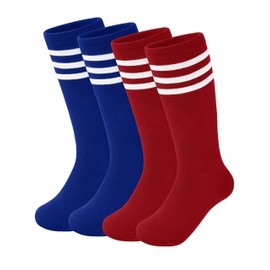Hryrbay 2 Pairs Kids Soccer Socks Toddler Girls Knee High Socks Uniform Sock Three Stripes for Boys Girls (RoyalBlue,Red,6-9 Years)