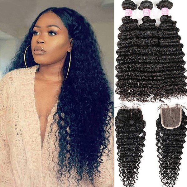 Brazilian 9A Deep Wave Bundles with Closure 4×4 Lace Mixed Length Hair Bundles Natural Color for Black Women (18 20 22 24+16)