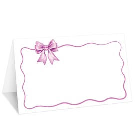 Purple Bow Wave Border Place Cards, Set of 25 Tent Name Cards for Table Setting, Food Label for Wedding, Baby Shower, Birthday Dinner Party Supplies -006