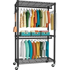 FUTASSI P1 Heavy Duty Garment Rack, 3 Tiers Adjustable Rolling Metal Closet Organizer with Lockable Wheels, FreeStanding Wardrobe with Double Hanger Rods & 1 Pair Hooks, Max Load 450 LBS, Black