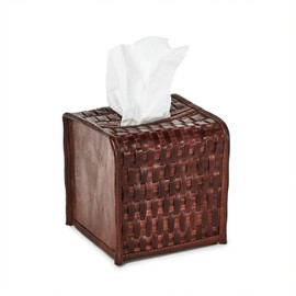 Two's Company Chestnut Woven Leather Tissue Box Cover, 5.5-Inch