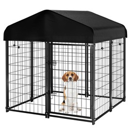 Dog Kennel Outdoor with Roof, 4'x4.2'x4.5' Welded Wire Dog Enclosures for Outside, Heavy Duty Dog Crate with UV-Resistant Waterproof Cover