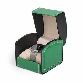 NuAngela PU Leather Watch Box, Single Display Storage Box for Wristwatches and Smartwatches, Holder with Cushion, Jewellery Carrier Gift Box for Men and Women (Green)