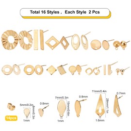 SUNNYCLUE 1 Box 46Pcs 16 Styles Stainless Steel Stud Earring Finding Including 32pcs Hypoallergenic Ear Stud & 14Pcs Ear Nuts for Women Beginners DIY Earring Jewellery Making Crafts, Golden