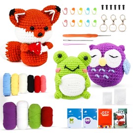 TFE Crochet Kit for Beginners Kids Adults, 3 Pattern Animals-Owl, Fox, Frog, Knitting Kit with Yarns, Hook, Accessories, Easy to Learn Video Tutorials.