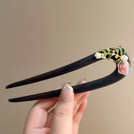 U字型 簪 一本挿し シンプル ヘアアクセサリー レディース 髪留め 髪飾り 和装小物 成人式 結婚式 木製ヘアピン (牡丹)