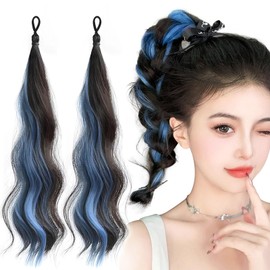 Chisafly Children's Hair Extensions Ponytail Wigs 2 Pieces Mesh Long Curly Curly Curly Hair Heat Resistant Elastic For Women Braid Bun Dance (Blue)