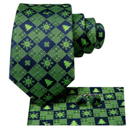 Hi-Tie Men's Christmas Tie Set Tie Pocket Square Cufflinks Set Match Reindeer Snowflake Xmas Tree Pattern for Wedding Prom, Green Forest