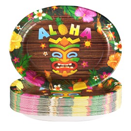 50Pcs Hawaiian Luau Oval Paper Plates 10" x 12" Disposable Large Heavy Duty Tiki Party Platters Plates Tropical Aloha Dessert Plate for Summer Tiki Birthday Themed Beach Party Supplies Decorations