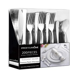 Stock Your Home Silver Plastic Silverware Set (200-Pack) – Disposable Heavy Duty Cutlery, 67 Forks, 67 Knives, 67 Spoons for Parties, Weddings, Dinners & Holidays