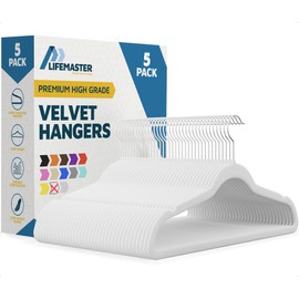 Lifemaster Velvet Clothes Hanger – with 360 Degree Swivel Hook and Non-Slip Shoulder Notch, Holds Up to 10 lbs, Heavy Duty Hanger Set, for Organizing Suit, Dress, Coat, and Clothes, Pack of 5, White