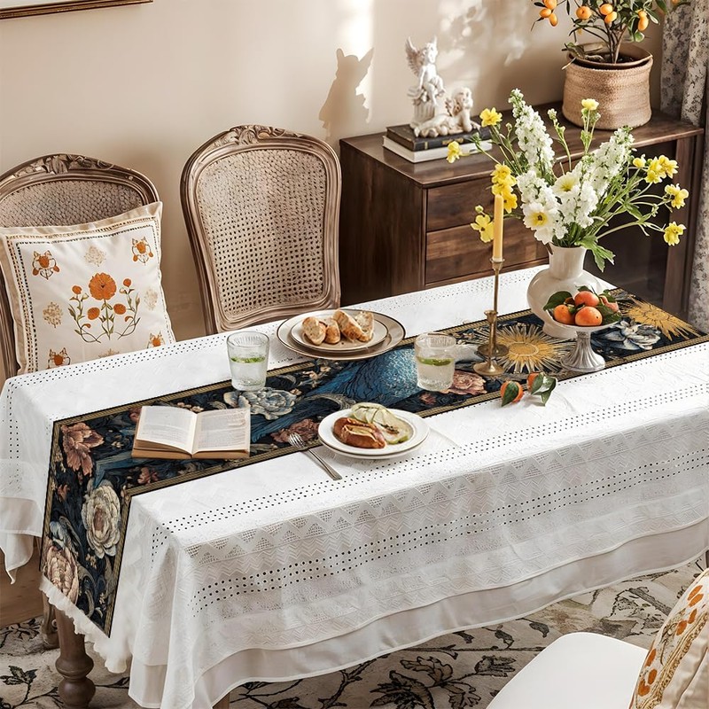 Bird and Floral Table Runner 13x72 Inch, Elegant Nature Design