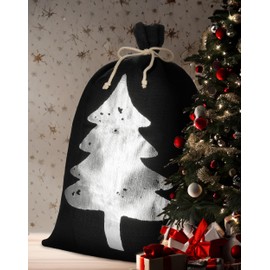 BRUBAKER Christmas Sack Black with Silver Tree - 31.5 Inches Holiday Gift Bag - Jute Santa Sack with Drawstring for Gift Wrapping