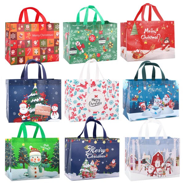 CVNDKN Christmas Gift Bags,9 Pcs Christmas Tote Bags with Handles for Shopping,Grocery Bags,Gifts Wrapping,Christmas Party Supplies Decorations,12.7"*9.8"*6.7" Reusable Gift Bags.