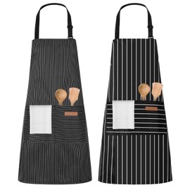 2 Pack Chef Apron, Adjustable Neck Cooking Aprons for Men & Women, Black Stripe Chef Bib Aprons with Pockets, Durable Polyester Cotton Apron, Versatile Aprons for Home and Professional Use (One Size)