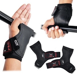 QTF Weight Lifting Grips (Pair) for Heavy Powerlifting, Wrist Straps for Deadlifts, Rows, Pull Ups, with Neoprene Padded Wrist Wraps Support and Strong Rubber Gloves or Straps for Bodybuilding (Black, L)