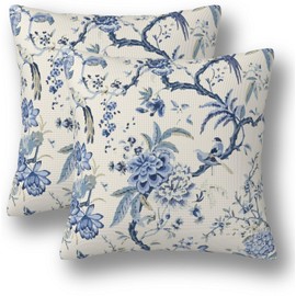 Churent Chinoiserie Pillow Covers 18 x 18 Set of 2 Birds Floral Linen Throw Pillow Cover Vintage White and Blue Farmhouse Decorative Pillowcases for Living Room Couch Bed Sofa Outdoor