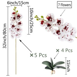 HinyoCo 5 Pcs Artificial Orchid Flowers and 4 Bundles Leaves, Artificial Phalaenopsis Flowers 32 Inch Stem Plants for Home Wedding Decoration (White with Spots)