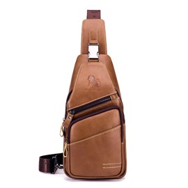 pundarika leather sling bag for men crossbody bag Casual shoulder bag Chest bag Travel Hiking backpack Multifunctional men's bag-brown