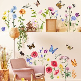 6 Pieces Flowers Wall Decals Vinyl Flowers Wall Stickers Removable Floral Wall Art Murals Peel and Stick Colorful Flower Wall Decor for Girls Bedroom Living Room Nursery (Butterfly and Dragonfly)