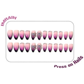 IMRAIN Medium Press on Nails Almond Black French Tip Fake Nails Purple Gradient Acrylic False Nails with Metal Spider Charms Design Glue on Nails Full Cover Artificial Nail Supplies 24Pcs