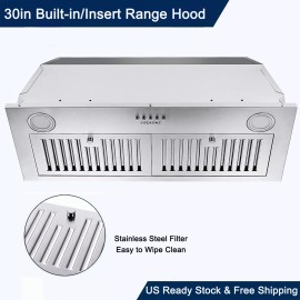 Joeaonz 30 in Built-in Range Hood Insert Vent 800CFM Stainless Steel 3-Speed Cooking Fan