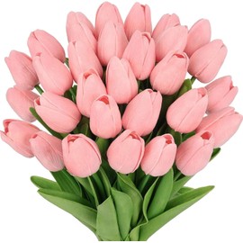 Tulipanes Artificiales, 24Pcs Flores Artificiales Decoracion Con Pegamento