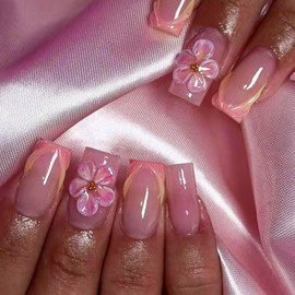 Floral Press on Nails French Tip Fake Nails with Pink Ombre Design 5D Stripe False Nails Medium Square Glue on Nails Spring Nail Acrylic Full Cover Glossy Stick on Nails for Women Manicure 24Pcs