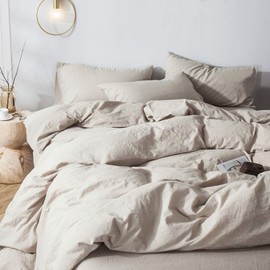 BESTOUCH Duvet Cover Set 100% Washed Cotton Linen Feel Super Soft Comfortable Chic Lightweight 3 PCs Home Bedding Set Solid Linen Beige Queen