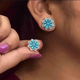 Andelaisi Boho Turquoise Flower Earrings Vintage CZ Flower Stud Earrings Blue Turquoise Floral Earring Mini Floral Studs Earring Jewelry for Women