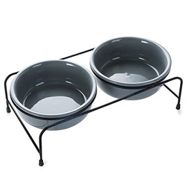 GDCZ Porcelain Raised Cat or Small Dog Bowls with Heighten Metal Stand and Non-Slip Bottom for Pet Food and Water Dishes , 15 Ounces (Grey)