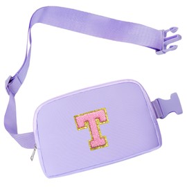 COSHAYSOO Initial Belt Bag Crossbody Letter Fanny Waist Pack Small Cross Body Purse with Zipper Compartment for Teen Girls Women Travel Must Have Birthday Easter Christmas Gift Purple T