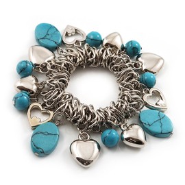 Avalaya Heart Charm/Turquoise Bead/Multi Link/Flex Bracelet/Silver Tone/Size M