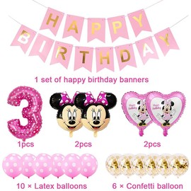 Minnie Balloons Set, BESTZY 23 PCS Minnie Theme Party Decorations Birthday Balloons 3rd Birthday Minnie Balloons Number 3 Foil Balloons Happy Birthday Banner for Kids Theme party Girls 3 Birthday