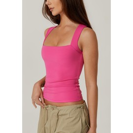 QINSEN Women's Sleeveless Strappy Tank Square Neck Double Layer Workout Fitness Casual Tops Rosy M