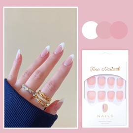 Pink False Nails French Tip Glossy Nude Color Press On Nails Medium Almond White Tip Fake Nail Acrylic Natural Full Cover Glue On Nails For Women
