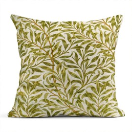 Heyqqo Set of 2 Cushion Covers Linen Green Pale William Morris Willow Floral Leaves Pillowcases Square Soft Home Decor Design Throw Pillow Cases Sofa Bedroom 18x18 Inch