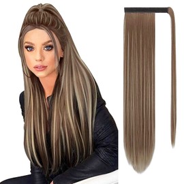 Sofeiyan Long Straight Ponytail Extension 26 inch Wrap Around Ponytail Synthetic Hair Extensions Clip in Ponytail Hairpiece for Women, Brown & Blonde