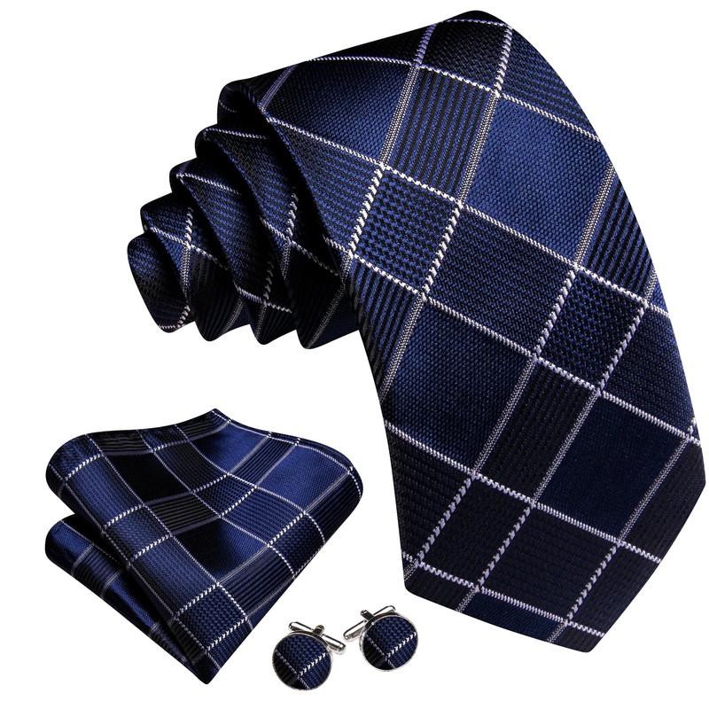 Barry.Wang Men's Silk Business Ties with Handkerchief, Cufflink Stripes Plaid