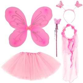 BDSHUNBF 5 Pcs Fairy Wings Fairy Costume for Girls, Fairy Dressing up Costume for Girls, Fairy Wings Kids Butterfly Wings Kids, Butterfly Fairy Wings, Tutu, Magic Wand and Headband Fairy Costume Set