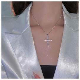 Inilbran Boho Crystal Cross Choker Necklace Silver CZ Cross Crucifix Necklace Choker Vintage Crystal Jesus Cross Necklace Sparkling CZ Crucifix Religious Necklace Jewellery for Women and Girls