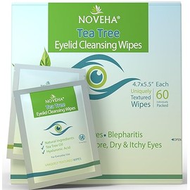 NOVEHA 60PCs Tea Tree Oil Eyelid & Lash Wipes | With Hyaluronic Acid, Green Tea & Chamomile For Blepharitis, Itchy & Stye Eyes, Individually Wrapped, Natural Eyelash Makeup Remover & Daily Cleanser