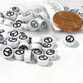 Bedazzlinbeads 100 White & Black 7mm Flat Round Peace Sign Plastic Acrylic Beads w/ 1.4mm Hole