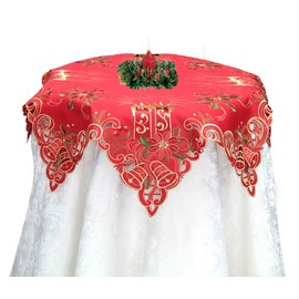 Creative Linens Holiday Christmas Embroidered Poinsettia Candle Bell Tablecloth 33" Star Red Gold Topper Centerpiece